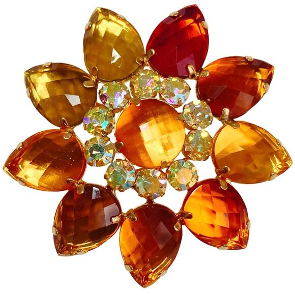 VTG  Signed Joan Rivers Fall Autumn Colorful Brooch Amber Rhinestone Sparkling - Picture 1 of 12